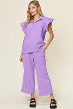 Load image into Gallery viewer, Double Take Texture Ruffle Short Sleeve Top and Drawstring Wide Leg Pants Set
