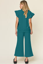 Load image into Gallery viewer, Double Take Texture Ruffle Short Sleeve Top and Drawstring Wide Leg Pants Set