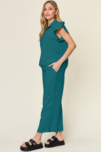 Load image into Gallery viewer, Double Take Texture Ruffle Short Sleeve Top and Drawstring Wide Leg Pants Set