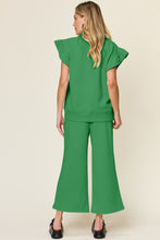 Load image into Gallery viewer, Double Take Texture Ruffle Short Sleeve Top and Drawstring Wide Leg Pants Set