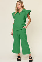 Load image into Gallery viewer, Double Take Texture Ruffle Short Sleeve Top and Drawstring Wide Leg Pants Set