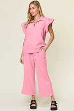 Load image into Gallery viewer, Double Take Texture Ruffle Short Sleeve Top and Drawstring Wide Leg Pants Set