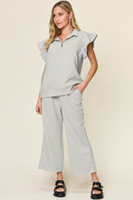 Load image into Gallery viewer, Double Take Texture Ruffle Short Sleeve Top and Drawstring Wide Leg Pants Set