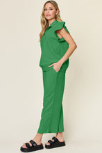 Load image into Gallery viewer, Double Take Texture Ruffle Short Sleeve Top and Drawstring Wide Leg Pants Set