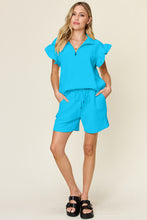 Load image into Gallery viewer, Double Take Full Size Texture Flounce Sleeve Top and Drawstring Shorts Set
