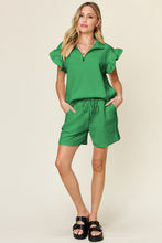Load image into Gallery viewer, Double Take Full Size Texture Flounce Sleeve Top and Drawstring Shorts Set
