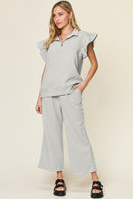 Load image into Gallery viewer, Double Take Texture Ruffle Short Sleeve Top and Drawstring Wide Leg Pants Set
