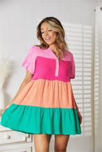 Load image into Gallery viewer, Double Take Color Block Buttoned Puff Sleeve Dress
